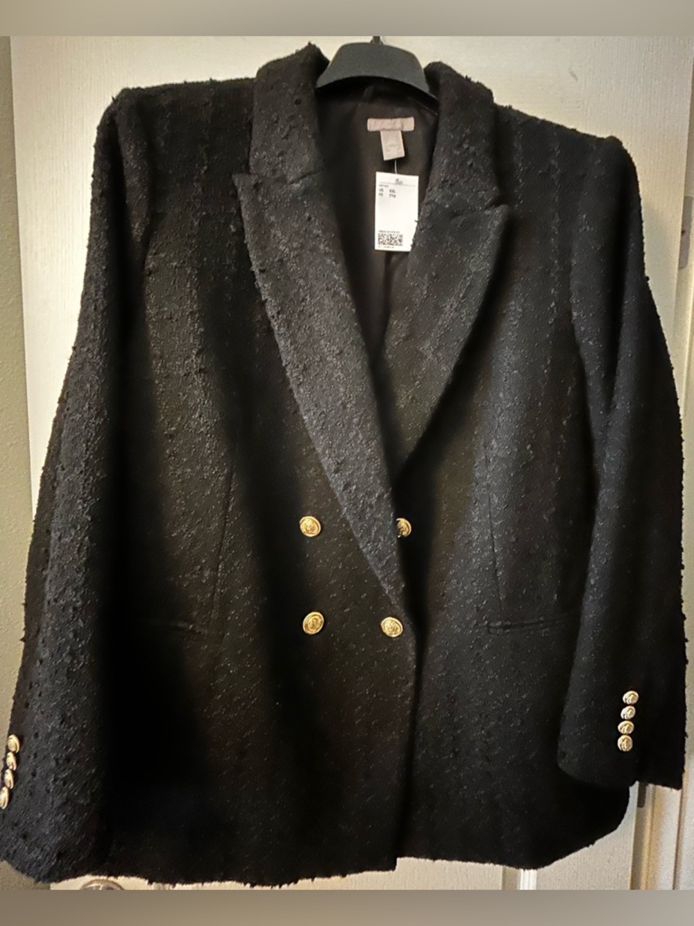 Women’s Double-Breasted Black Bouclé Blazer with Gold Buttons